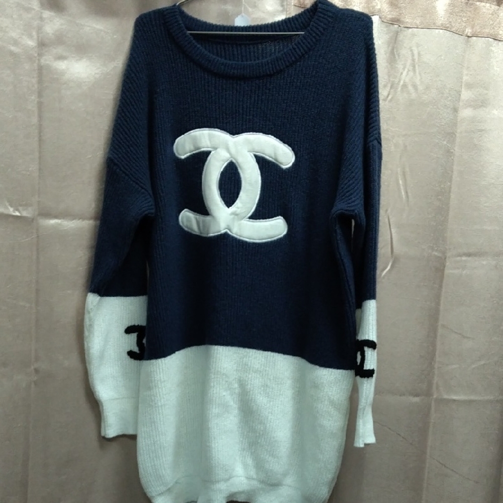 Navy and White Women's Sweater